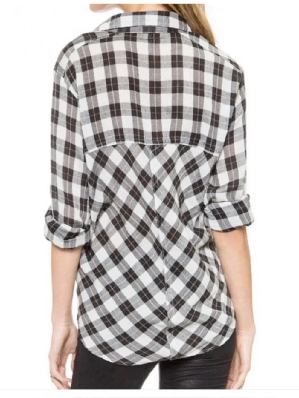 FREE PEOPLE Black White Plaid Snap Button Down Shirt Cutout Size Small